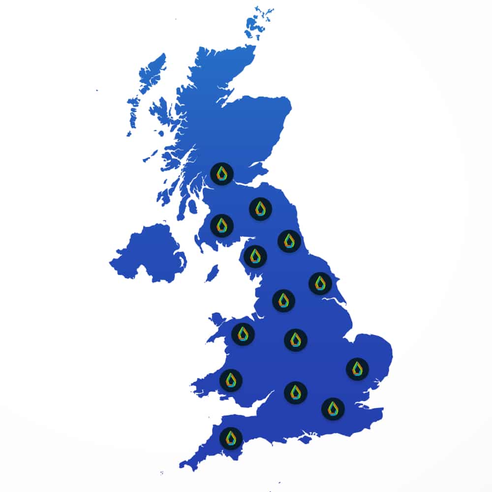 A Map of the UK showing locations where Atlantas can travel to in order to offer their Fire Consultant services.